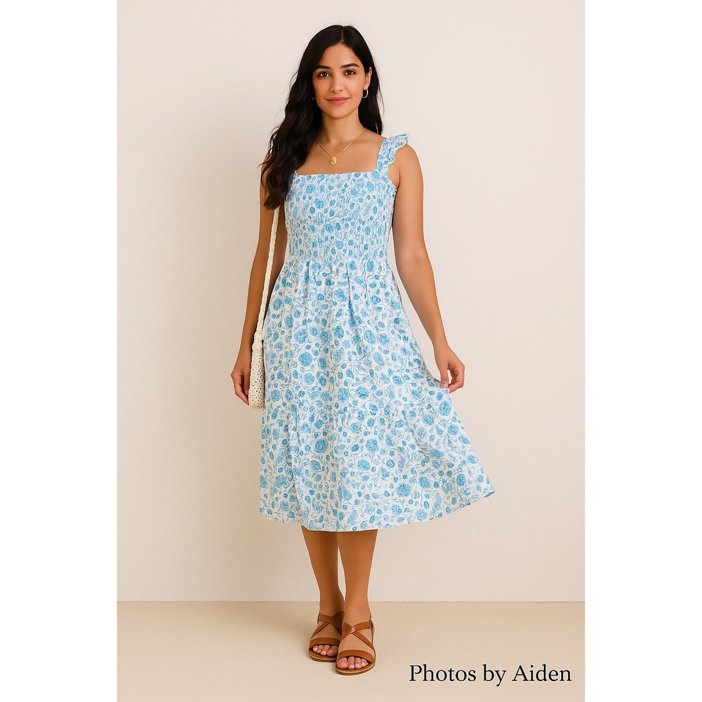 Draper James White Label Floral Smocked Midi Dress Sz M Blue‎ 100% Cotton